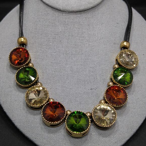 Vintage Rivoli Rhinestone Leather Necklace, Large Orange Green Clear Rhinestones - Picture 9 of 10